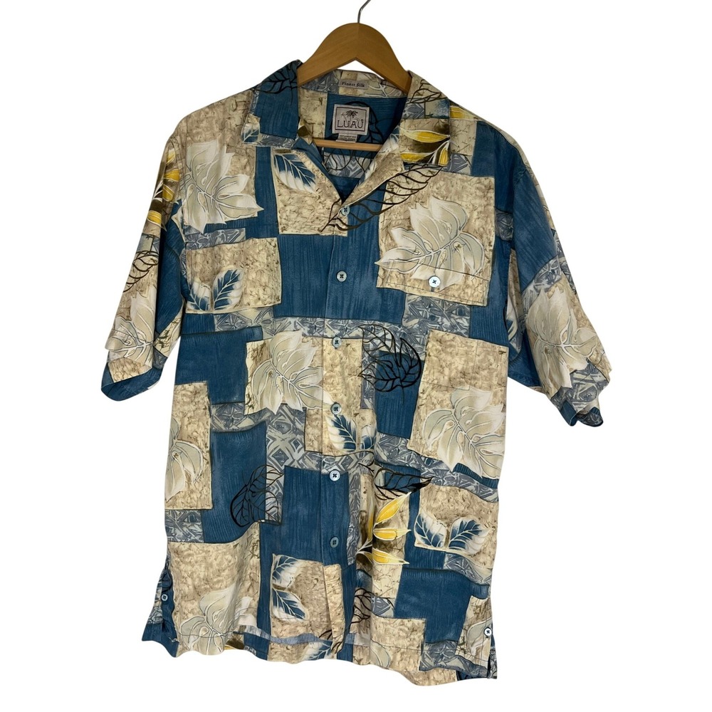 Luau Mens M Silk Hawaiian Shirt Blue Beige Patchwork Tropical Leaf Button Down